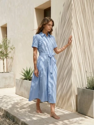 Sinsay - Bawełniana koszulowa sukienka midi z krótkim rękawem - niebieski