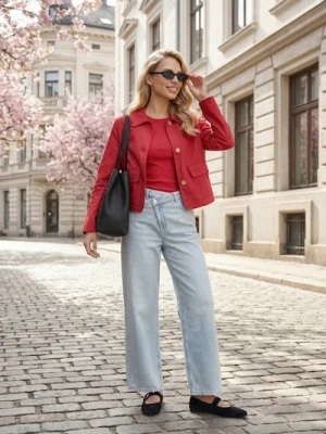 Sinsay - Bawełniana kurtka z kołnierzykiem i twillowym wykończeniem - czerwony