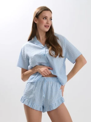 Sinsay - Bawełniana piżama dwuczęściowa w kratę w stylu cottage - niebieski