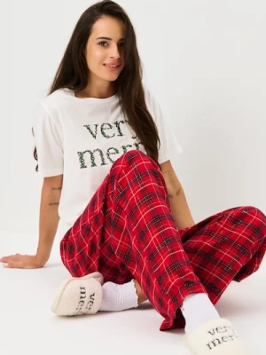 Sinsay - Bawełniana piżama dwuczęściowa z haftowanym napisem - kremowy