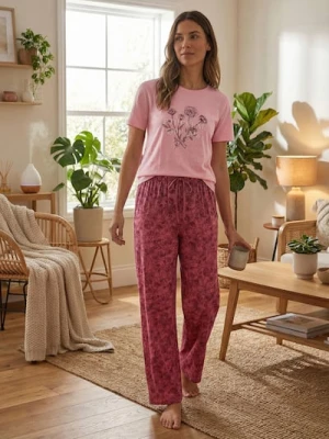 Sinsay - Bawełniana piżama dwuczęściowa z motywem kwiatowym - różowy