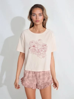 Sinsay - Bawełniana piżama dwuczęściowa z motywem kwiatowym - różowy