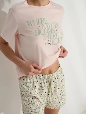 Sinsay - Bawełniana piżama dwuczęściowa z motywem kwiatowym - różowy