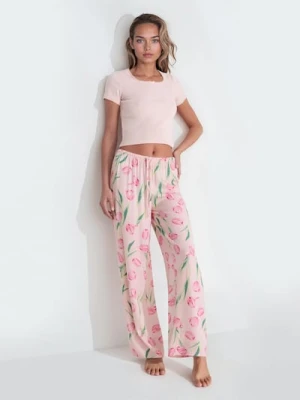 Sinsay - Bawełniana piżama dwuczęściowa z motywem kwiatowym - różowy