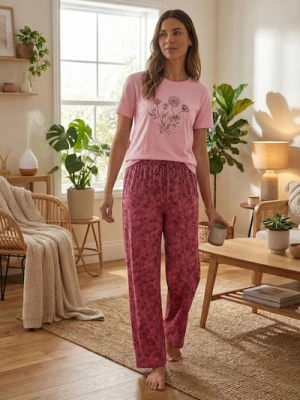 Sinsay - Bawełniana piżama dwuczęściowa z motywem kwiatowym - różowy