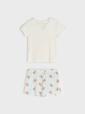 Sinsay - Bawełniana piżama dwuczęściowa z motywem misia - biały