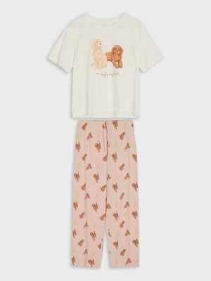 Sinsay - Bawełniana piżama dwuczęściowa z motywem psów - kremowy