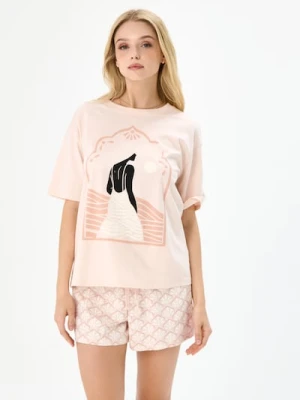 Sinsay - Bawełniana piżama dwuczęściowa z nadrukiem - beżowy