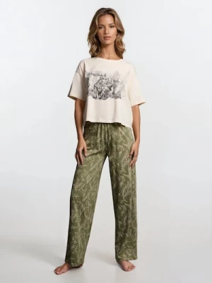 Sinsay - Bawełniana piżama dwuczęściowa z nadrukiem - kremowy