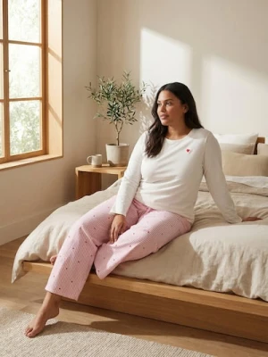 Sinsay - Bawełniana piżama dwuczęściowa z nadrukiem - kremowy