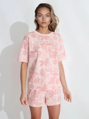 Sinsay - Bawełniana piżama dwuczęściowa z nadrukiem w kwiaty - różowy