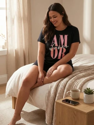 Sinsay - Bawełniana piżama dwuczęściowa z napisem - czarny