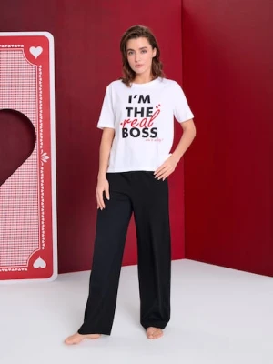 Sinsay - Bawełniana piżama dwuczęściowa z napisem - kremowy