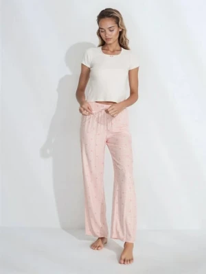 Sinsay - Bawełniana piżama dwuczęściowa ze spodniami w kratkę - kremowy