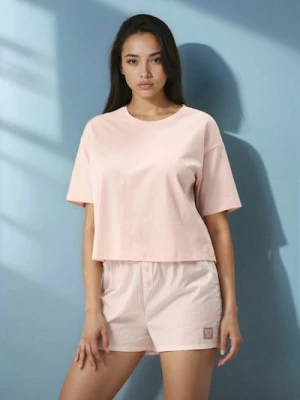 Sinsay - Bawełniana piżama z krótkim rękawem i szortami w paski - różowy