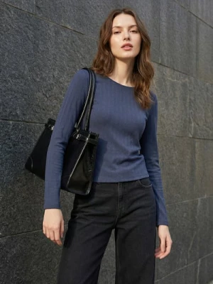 Sinsay - Bawełniana prążkowana bluzka z długim rękawem - niebieski