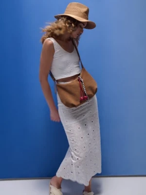 Sinsay - Bawełniana spódnica midi z ażurowym wzorem - biały