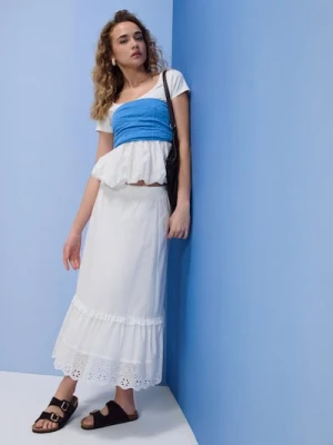 Sinsay - Bawełniana spódnica midi z ażurowymi elementami - biały