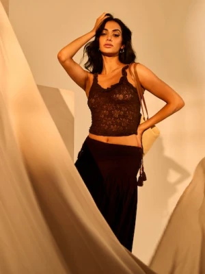 Sinsay - Bawełniana spódnica midi z marszczeniem i ozdobnymi chwostami - brązowy