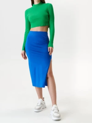 Sinsay - Bawełniana spódnica midi z rozcięciem i marszczeniem z boku - niebieski