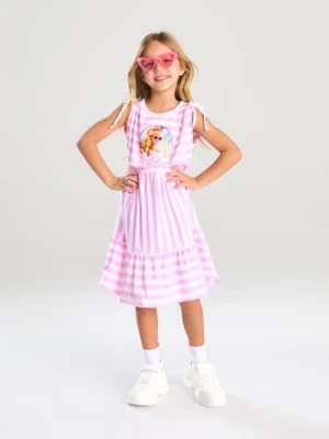 Sinsay - Bawełniana sukienka dresowa z nadrukiem Barbie - różowy