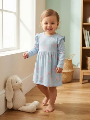 Sinsay - Bawełniana sukienka dresowa ze wzorem w kwiaty - niebieski