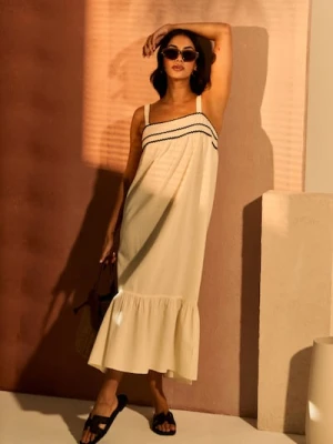 Sinsay - Bawełniana sukienka midi na ramiączkach z falbaną - kremowy