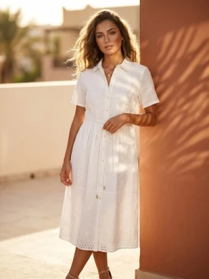 Sinsay - Bawełniana sukienka midi z ażurowymi detalami - biały