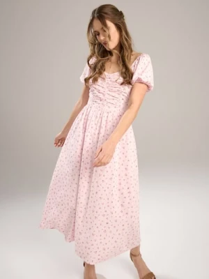 Sinsay - Bawełniana sukienka midi z bufiastym rękawem w kwiatki - wielobarwny