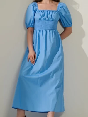 Sinsay - Bawełniana sukienka midi z bufiastymi rękawami - błękitny