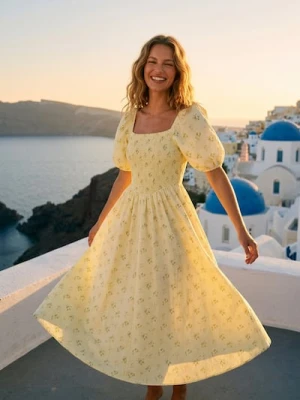 Sinsay - Bawełniana sukienka midi z bufkami w kwiaty - wielobarwny