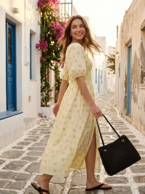 Sinsay - Bawełniana sukienka midi z bufkami w kwiaty - wielobarwny