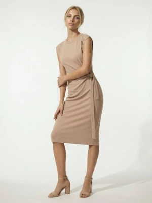 Sinsay - Bawełniana sukienka midi z dekoracyjnym wiązaniem i rozcięciem - beżowy