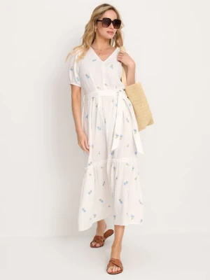 Sinsay - Bawełniana sukienka midi z haftowanymi kwiatami - wielobarwny