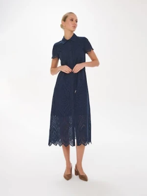 Sinsay - Bawełniana sukienka midi z kołnierzykiem i ażurowym wzorem - granatowy