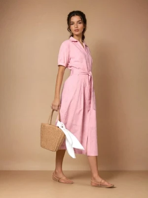 Sinsay - Bawełniana sukienka midi z kołnierzykiem - różowy