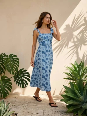 Sinsay - Bawełniana sukienka midi z wiązanymi ramiączkami w kwiaty - wielobarwny