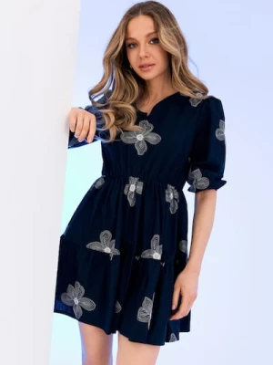 Sinsay - Bawełniana sukienka mini babydoll z haftowanymi kwiatami - czarny