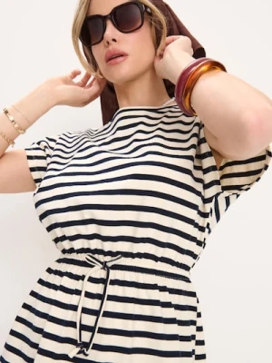 Sinsay - Bawełniana sukienka mini w paski z krótkim rękawem - wielobarwny