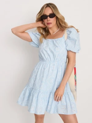 Sinsay - Bawełniana sukienka mini z ażurowym wzorem - błękitny
