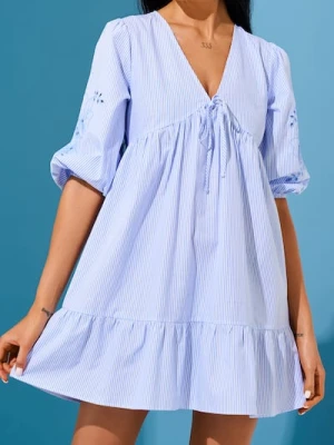 Sinsay - Bawełniana sukienka mini z długim rękawem w pionowe paski - wielobarwny