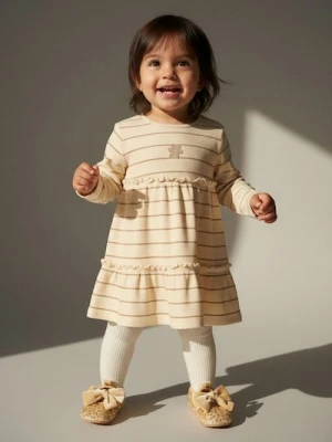 Sinsay - Bawełniana sukienka w paski z elastycznej dzianiny - kremowy