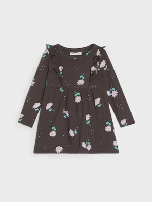 Sinsay - Bawełniana sukienka z długim rękawem z falbankami i motywem kwiatowym - brązowy