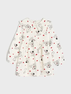 Sinsay - Bawełniana sukienka z dzianiny typu french terry z kołnierzykiem i falbanką 101 Dalmatians - kremowy