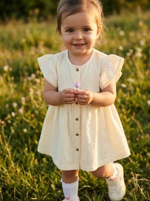 Sinsay - Bawełniana sukienka z falbanami i guzikami - żółty