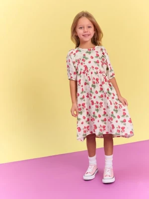 Sinsay - Bawełniana sukienka z motywem truskawek - kremowy