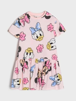 Sinsay - Bawełniana sukienka z obniżoną talią i krótkim rękawem Minnie Mouse - różowy