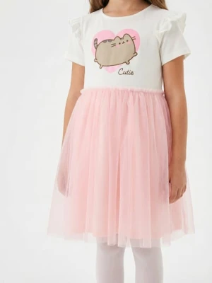 Sinsay - Bawełniana sukienka z tiulem i falbanami Pusheen the Cat - różowy