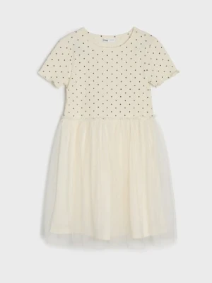 Sinsay - Bawełniana sukienka z tiulowym dołem - kremowy