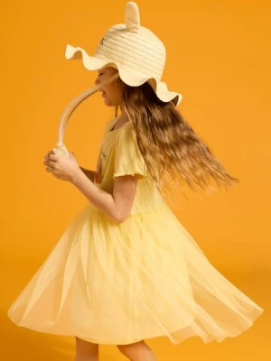 Sinsay - Bawełniana sukienka z tiulowym dołem - żółty